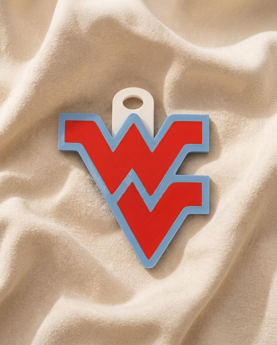 3D printed flying W team charm in red and columbia blue