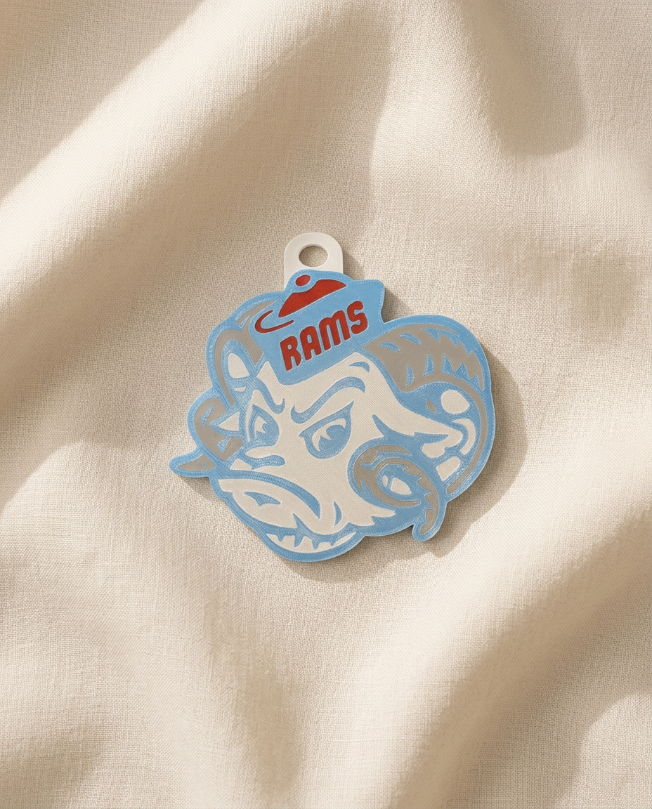 3D printed Rams mascot bag tag in team colors