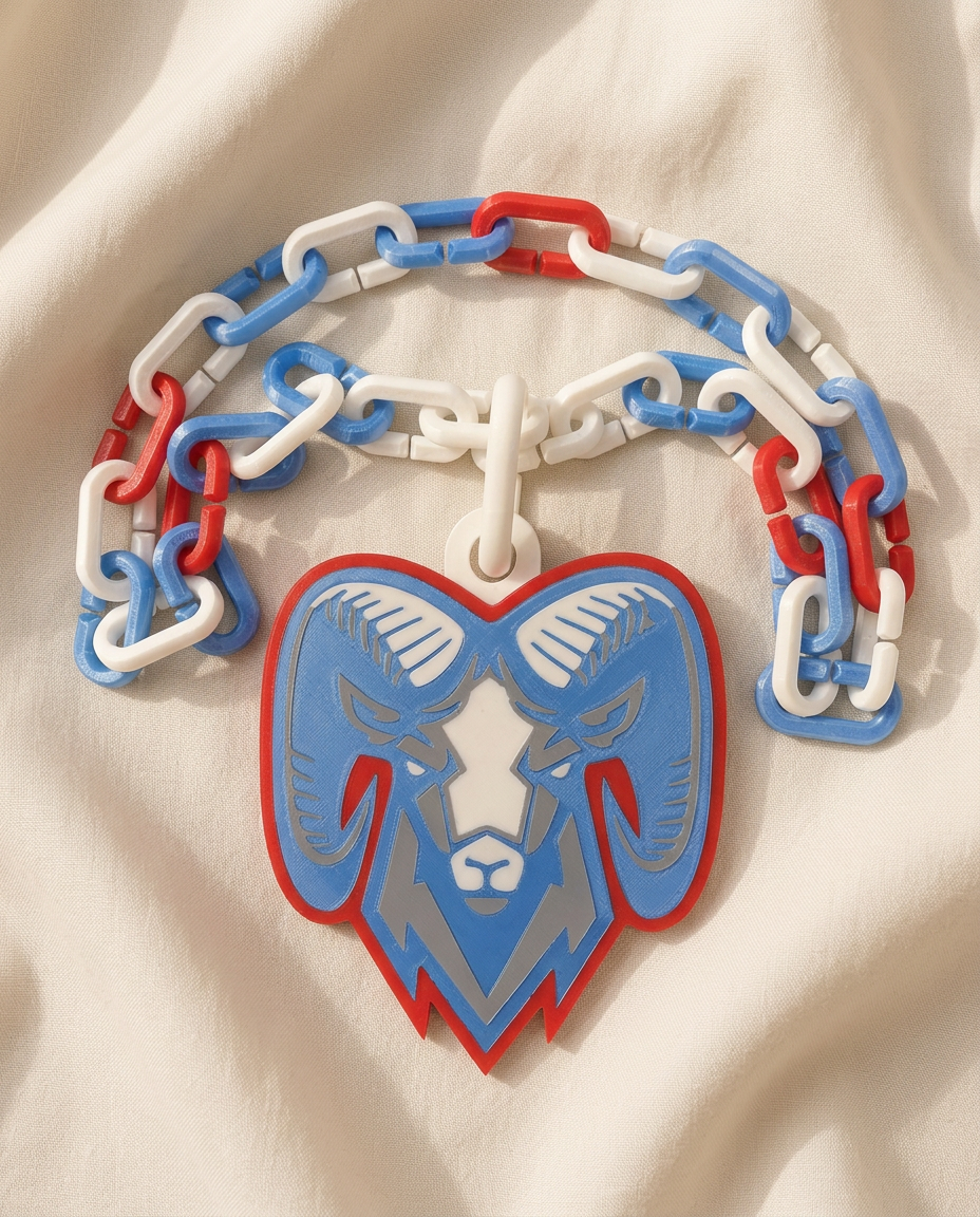 3D printed ram head swag chain in red, white, and blue