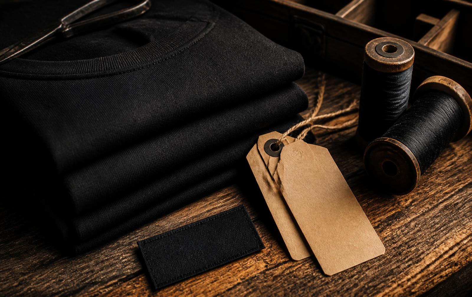 Folded black garments, thread spools, woven label and kraft hang tags on a workbench